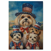 Mother Lhasa Apso and Three Puppies Wearing Patriotic Star Hats and Red Bow Ties Posed Outdoors Under a Blue Sky on Ready to Hang 1.5" Thick Canvas Wrap, Floating Framed Canvas, Flat Rolled Canvas